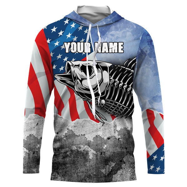 Bass Fishing Bass Skeleton American Flag Patriotic UV Protection Fishing Shirt Long Sleeve UPF 30+, Personalized Fishing Jerseys HVFS022