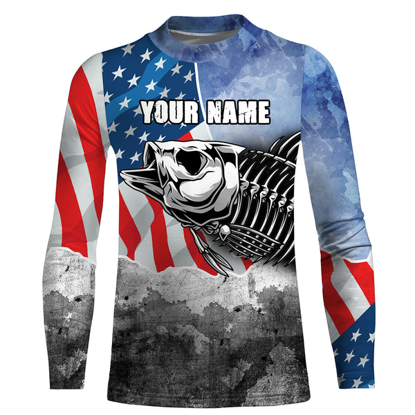 Bass Fishing Bass Skeleton American Flag Patriotic UV Protection Fishing Shirt Long Sleeve UPF 30+, Personalized Fishing Jerseys HVFS022