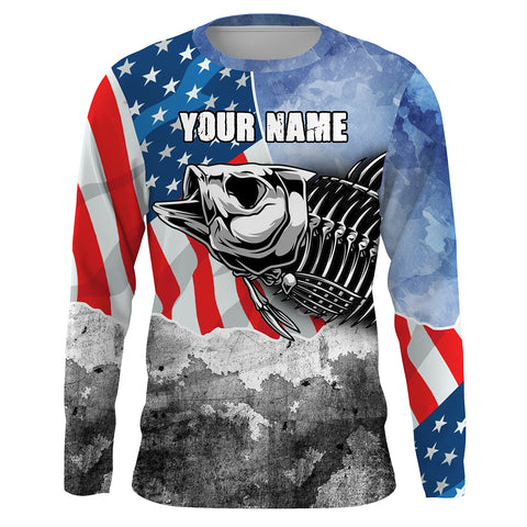 Bass Fishing Bass Skeleton American Flag Patriotic UV Protection Fishing Shirt Long Sleeve UPF 30+, Personalized Fishing Jerseys HVFS022