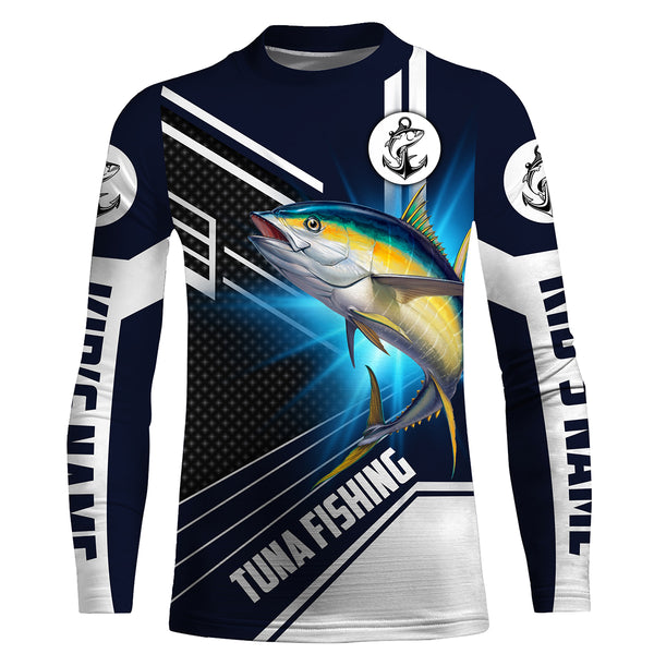 Yellowfin Tuna Fishing Custom Name Performance Fishing Shirt, Sun Protection Long Sleeve Fishing Shirts, Fishing gifts for men , women, kids HVFS024