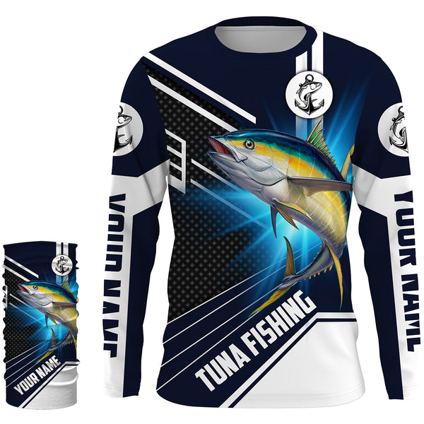 Yellowfin Tuna Fishing Custom Name Performance Fishing Shirt, Sun Protection Long Sleeve Fishing Shirts, Fishing gifts for men , women, kids HVFS024