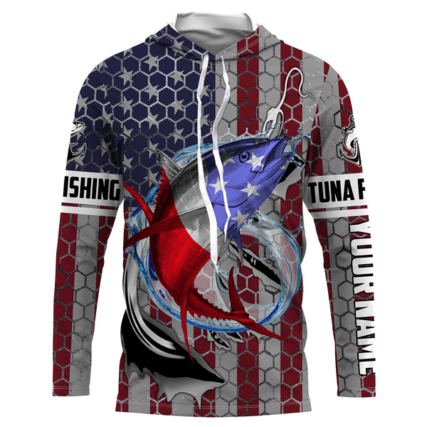 Personalized Tuna Fishing Fish Hook Vintage American Flag Saltwater Fishing UV Protection Fishing Shirts HVFS057