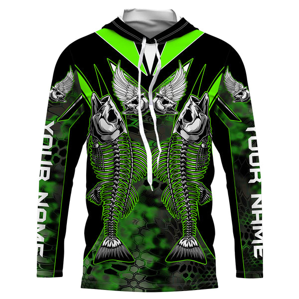 Bass Skeleton fishing UV protection quick dry Customize name long sleeves fishing shirts UPF 30+| Green HVFS012