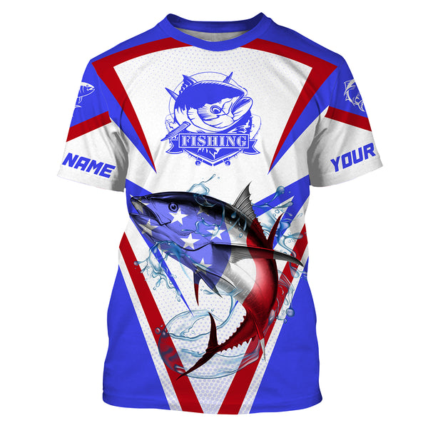 Tuna Fishing American Flag Custom name performance Long Sleeve Fishing Shirts, Patriotic Fishing gifts HVFS036