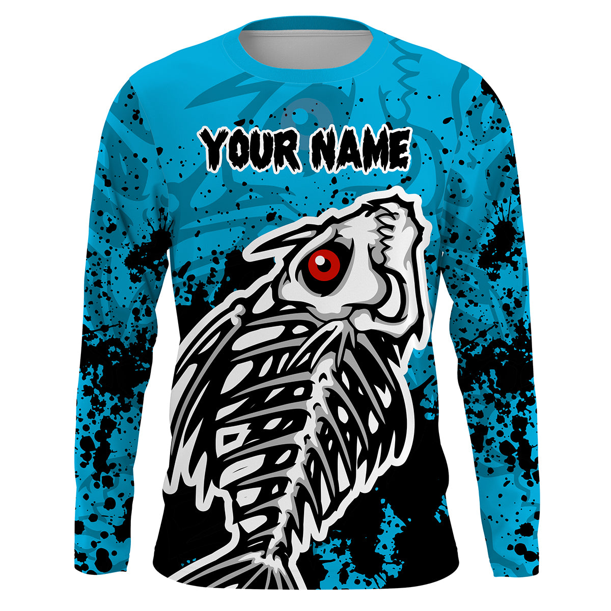 Fish Skeleton Blue fishing UV protection quick dry Customize name long sleeves fishing shirts UPF 30+ HVFS016