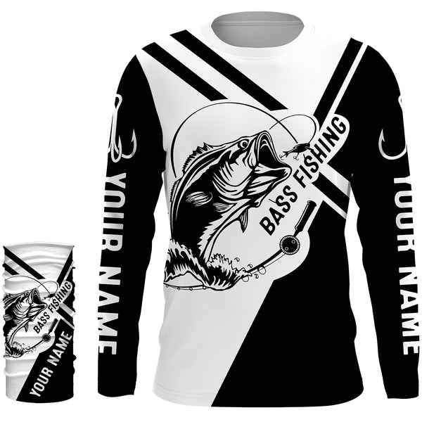 Bass fishing shirts Fish hook Black and White UV protection quick dry Customize name personalized long sleeves fishing shirts UPF 30+ HVFS049