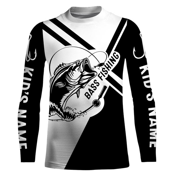 Bass fishing shirts Fish hook Black and White UV protection quick dry Customize name personalized long sleeves fishing shirts UPF 30+ HVFS049