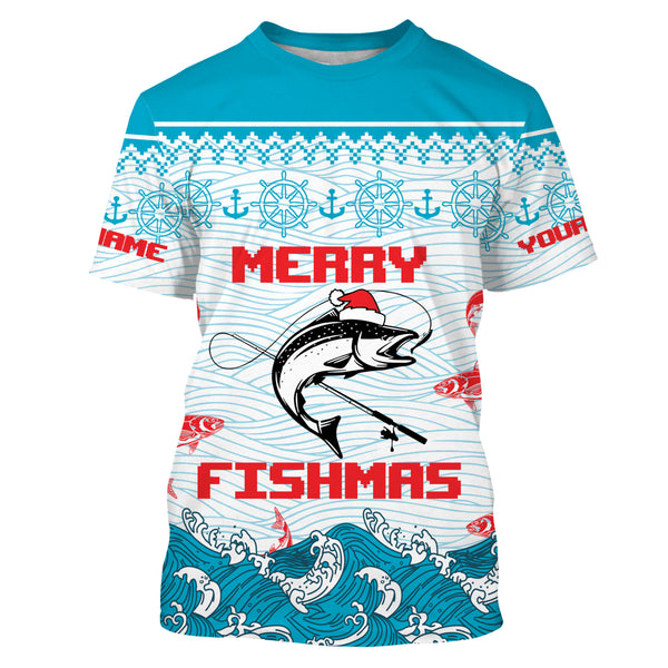 Salmon Fishing Funny Merry Fishmas Christmas pattern Fishing Shirts, Christmas Fishing gifts - TTN17