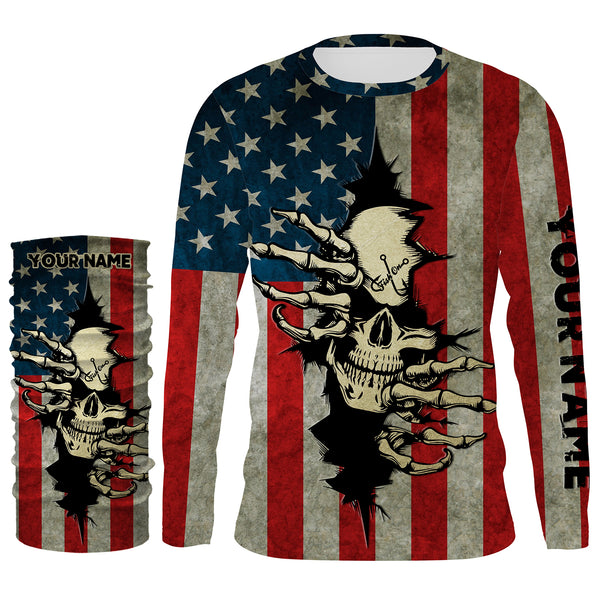 American Flag Skull Fish On Custom Long Sleeve performance Shirts, Personalized Patriotic Fishing Gifts TTN73