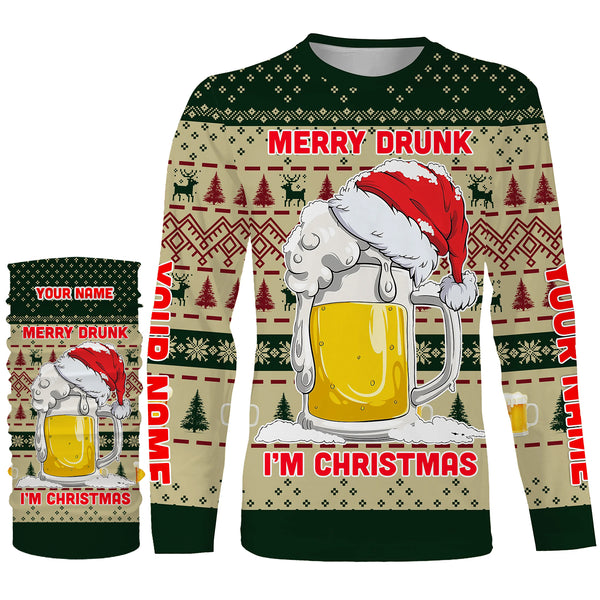 Funny Festive Drinking Gift Merry Drunk I'm Christmas Ugly Sweater Customize Name 3D Shirt TTN101