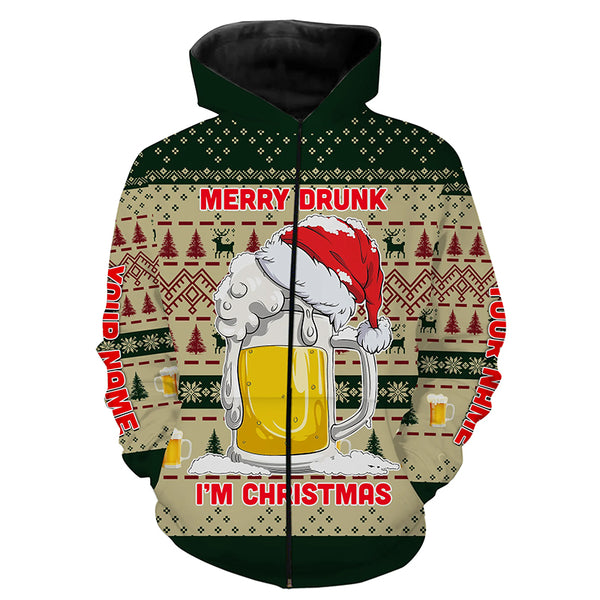 Funny Festive Drinking Gift Merry Drunk I'm Christmas Ugly Sweater Customize Name 3D Shirt TTN101