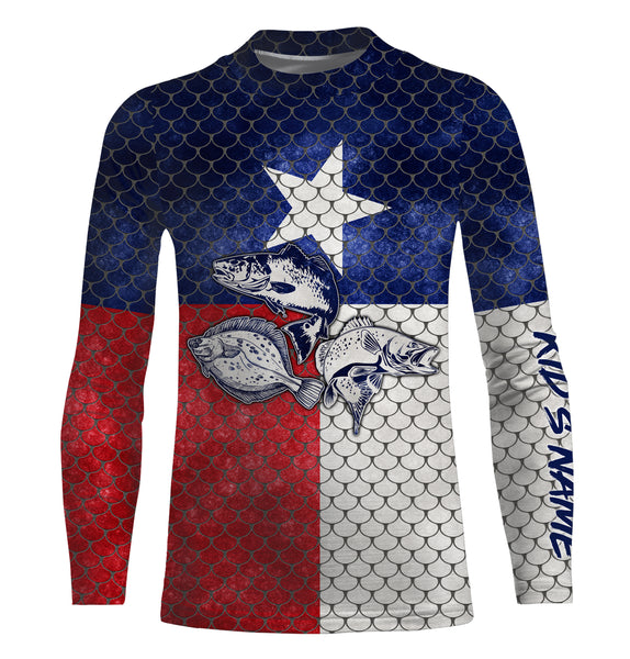 Texas Slam Redfish, Trout, Flounder Custom Texas Flag Fishing Long Sleeve performance Fishing Shirts TTN47