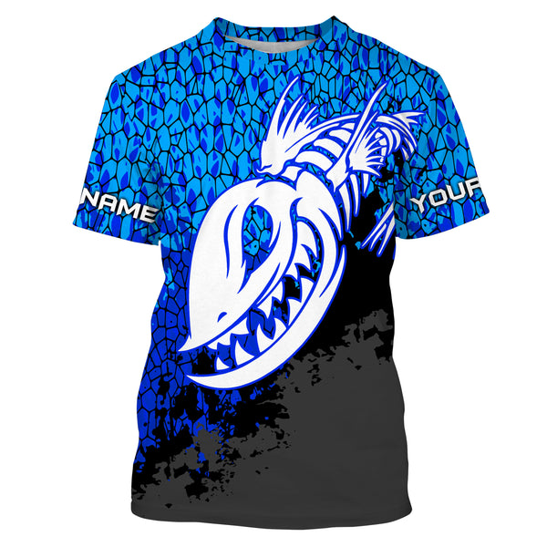 Blue Camo Fish Reaper Skull Custom Long Sleeve Performance Fishing Shirts TTN92
