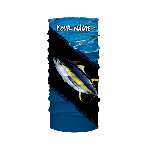 Custom Name Yellowfin Tuna Fishing Shirts Blue Ocean Background Performance Fishing Shirt, Sun Protection Long Sleeve TTN31
