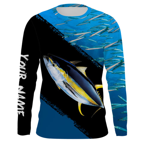 Custom Name Yellowfin Tuna Fishing Shirts Blue Ocean Background Performance Fishing Shirt, Sun Protection Long Sleeve TTN31