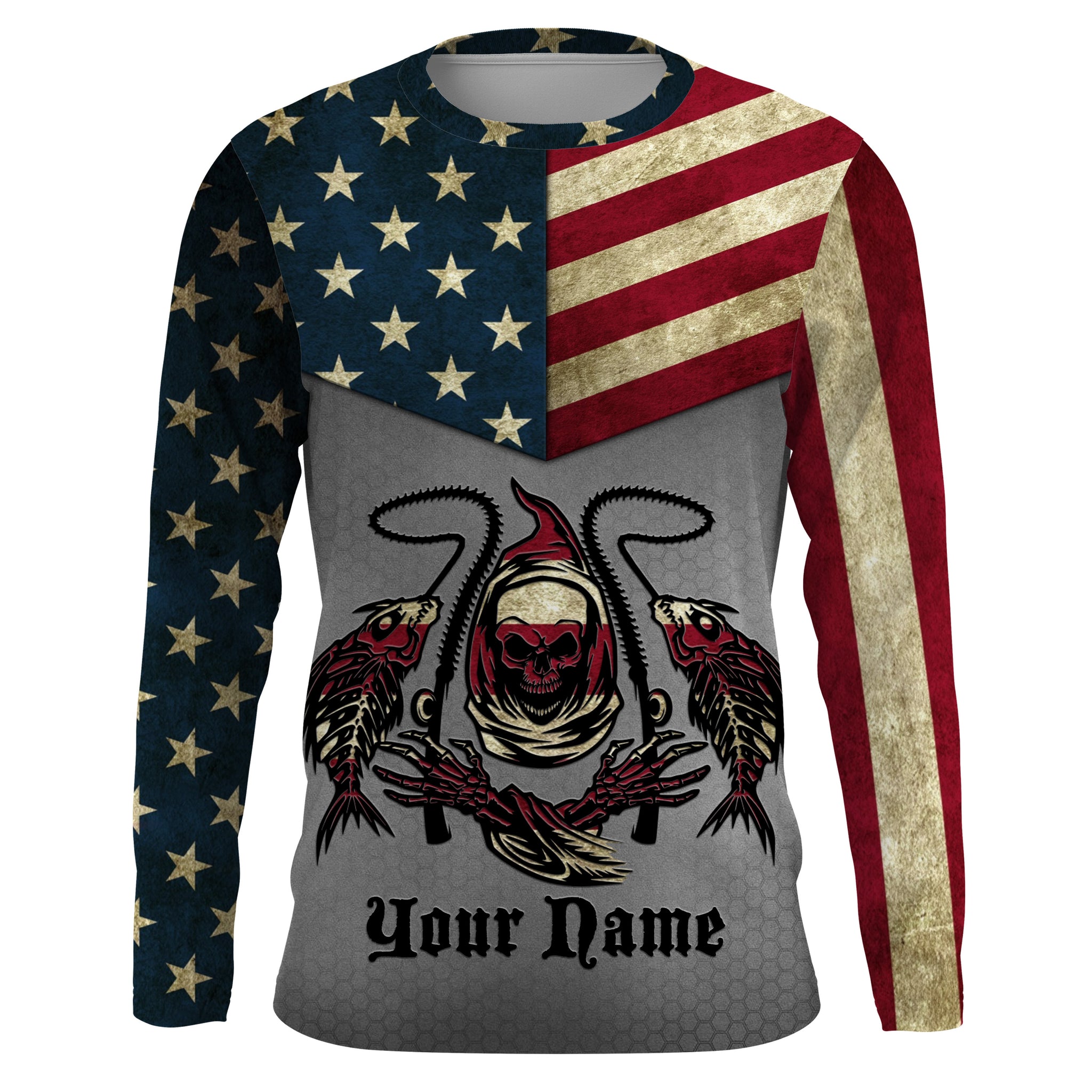 American Flag Fish reaper Custom Long sleeve Shirts UV, US flag personalized Patriotic Fishing gifts TTN11