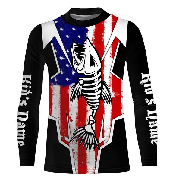 Bass Fish Skeleton American Flag Patriotic UV Protection Fishing Shirt Personalized Fishing Jerseys TTN25