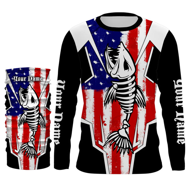 Bass Fish Skeleton American Flag Patriotic UV Protection Fishing Shirt Personalized Fishing Jerseys TTN25