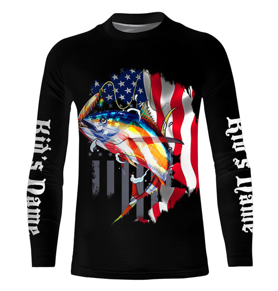 Tuna Fishing American Flag Custom Long Sleeve performance Fishing Shirts, Personalized Fishing gifts Fishing jerseys - TTN26