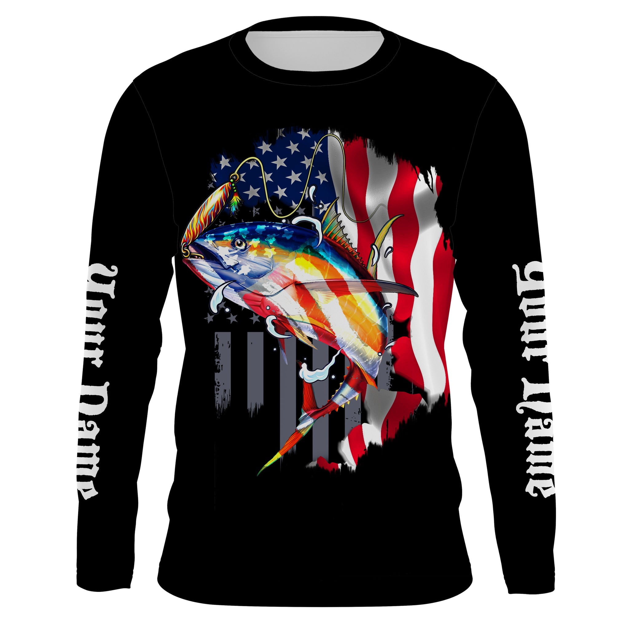 Tuna Fishing American Flag Custom Long Sleeve performance Fishing Shirts, Personalized Fishing gifts Fishing jerseys - TTN26