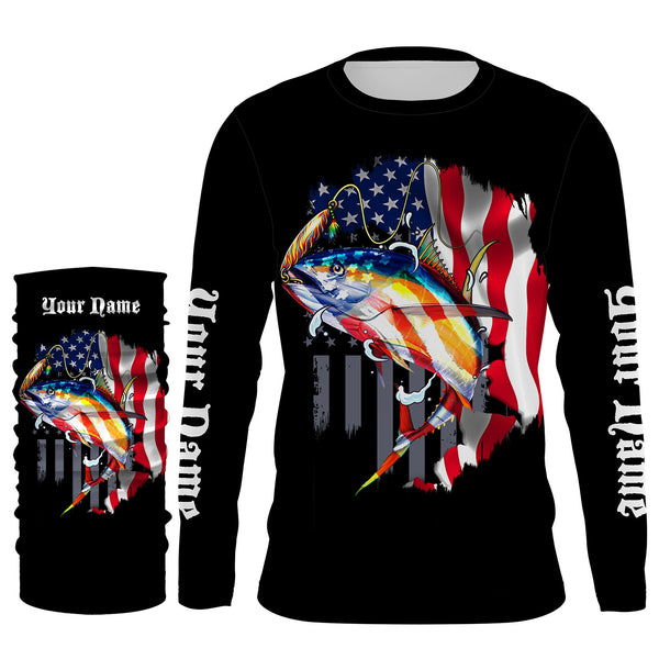 Tuna Fishing American Flag Custom Long Sleeve performance Fishing Shirts, Personalized Fishing gifts Fishing jerseys - TTN26