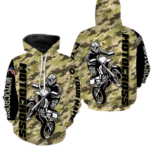 Motocross Rider Personalized Long Sleeves Hoodie T-shirt, Camo All Over Printed Motorcycle Off-road| NMS299