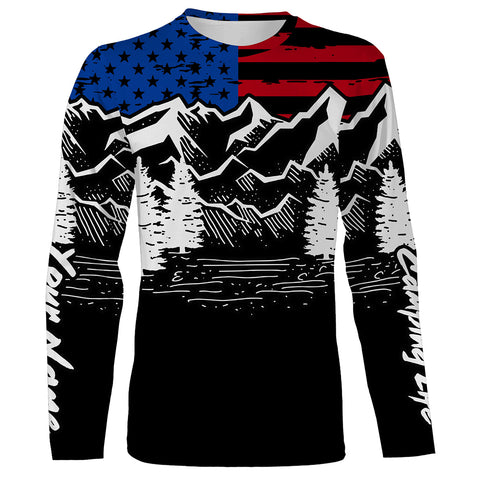 US flag mountain hiking camping life shirt personalized long sleeve custom name