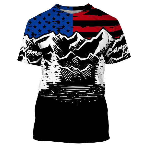 US flag mountain hiking camping life shirt personalized long sleeve custom name