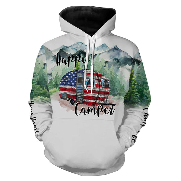 Happy camper cabin van US flag camping life shirt personalized name