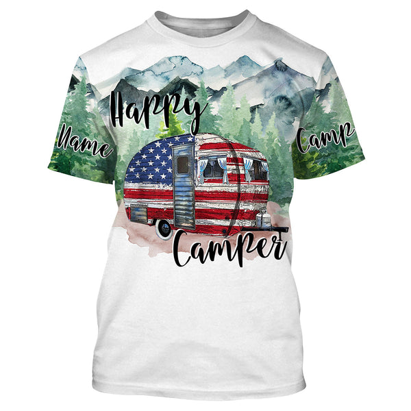 Happy camper cabin van US flag camping life shirt personalized name