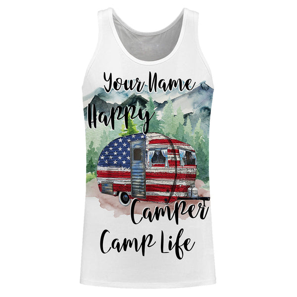 Happy camper cabin van US flag camping life shirt personalized name