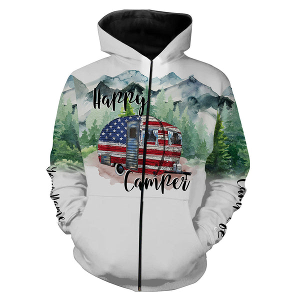 Happy camper cabin van US flag camping life shirt personalized name