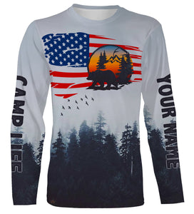 US flag bear mountain hiking camping life shirt personalized long sleeve custom name