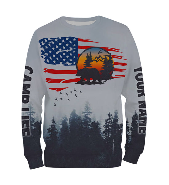 US flag bear mountain hiking camping life shirt personalized long sleeve custom name