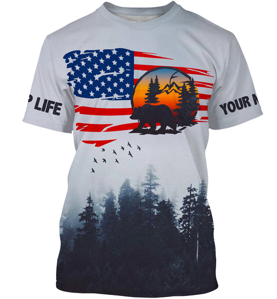 US flag bear mountain hiking camping life shirt personalized long sleeve custom name