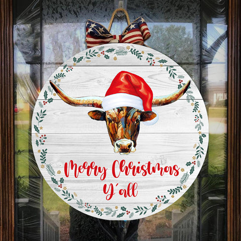 Longhorn Merry Christmas Y'all door hanger, wood hanging, wooden home signs TAWD5