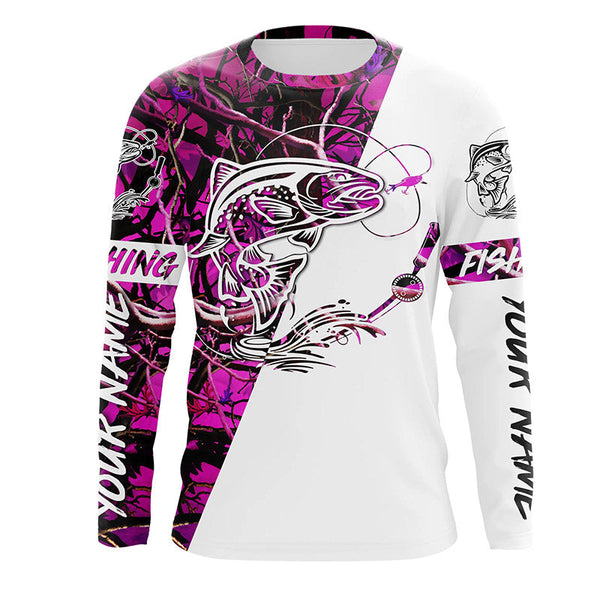 Trout Fishing Tattoo Pink Camo Custom Long Sleeve Fishing Shirts, Trout Tournament Fishing Shirts IPHW4072