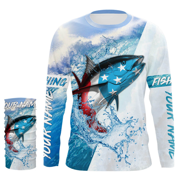 Personalized Tuna Fishing American Flag Long sleeve performance Fishing Shirts, Patriotic Fishing gifts - IPHW1870