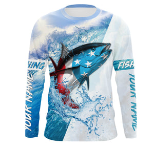 Personalized Tuna Fishing American Flag Long sleeve performance Fishing Shirts, Patriotic Fishing gifts - IPHW1870