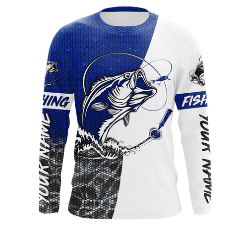 Personalized Bass Fishing jerseys, Bass Fishing Long Sleeve Fishing tournament shirts | blue - IPHW1697