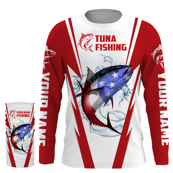 Tuna Fishing American Flag Custom performance Long Sleeve Fishing Shirts, Patriotic Fishing gifts Fishing jerseys | red - IPHW1702