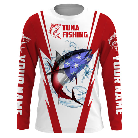 Tuna Fishing American Flag Custom performance Long Sleeve Fishing Shirts, Patriotic Fishing gifts Fishing jerseys | red - IPHW1702