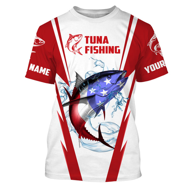 Tuna Fishing American Flag Custom performance Long Sleeve Fishing Shirts, Patriotic Fishing gifts Fishing jerseys | red - IPHW1702