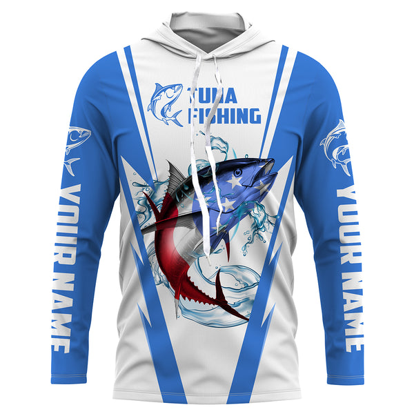 Tuna Fishing American Flag Custom performance Long Sleeve Fishing Shirts, Patriotic Fishing gifts Fishing jerseys | blue - IPHW1703