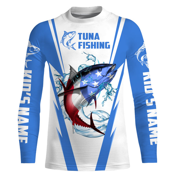 Tuna Fishing American Flag Custom performance Long Sleeve Fishing Shirts, Patriotic Fishing gifts Fishing jerseys | blue - IPHW1703