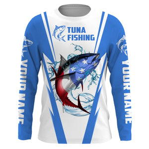 Tuna Fishing American Flag Custom performance Long Sleeve Fishing Shirts, Patriotic Fishing gifts Fishing jerseys | blue - IPHW1703