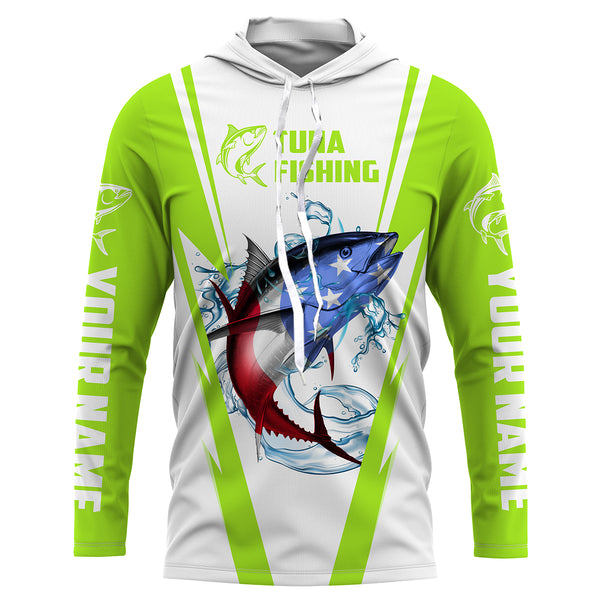 Tuna Fishing American Flag Custom performance Long Sleeve Fishing Shirts, Patriotic Fishing gifts Fishing jerseys | green - IPHW1704