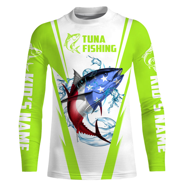 Tuna Fishing American Flag Custom performance Long Sleeve Fishing Shirts, Patriotic Fishing gifts Fishing jerseys | green - IPHW1704