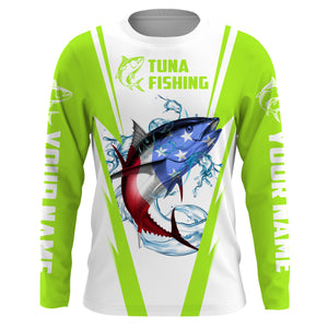 Tuna Fishing American Flag Custom performance Long Sleeve Fishing Shirts, Patriotic Fishing gifts Fishing jerseys | green - IPHW1704