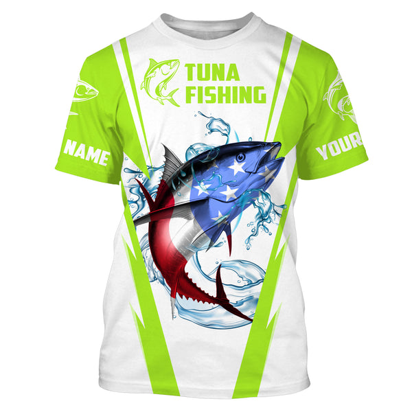 Tuna Fishing American Flag Custom performance Long Sleeve Fishing Shirts, Patriotic Fishing gifts Fishing jerseys | green - IPHW1704